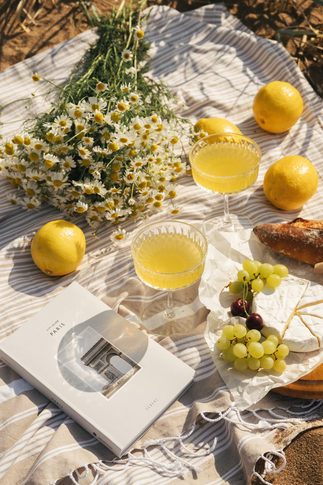 Picture of lemons, grapes, flowers and nice ornaments all making a nice picnic on a summer day