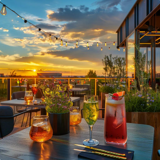 Image of a sunset in the background with wine cocktails in the foreground