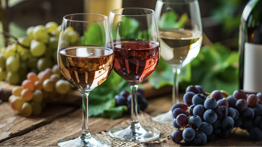 Image of three glasses of wine on a table, with grapes and wine bottle in the background