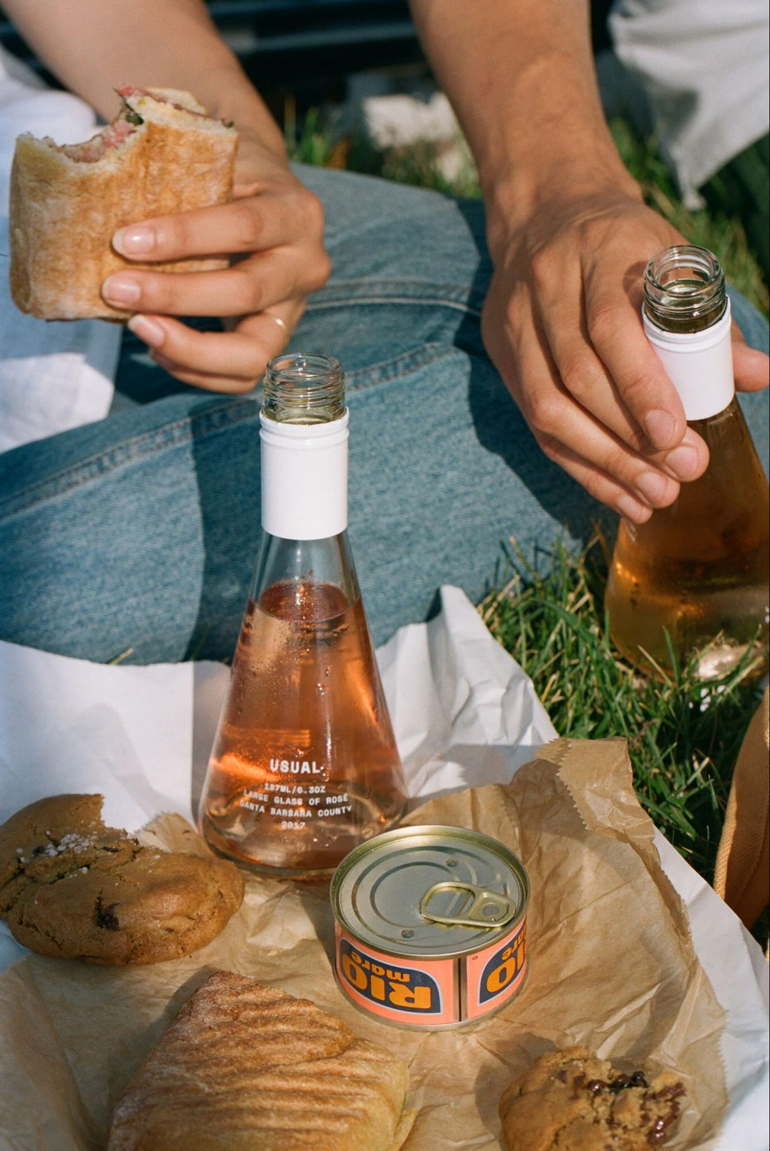 pink wine: two people having a picnic with two bottles of Rosé from Usual Wines